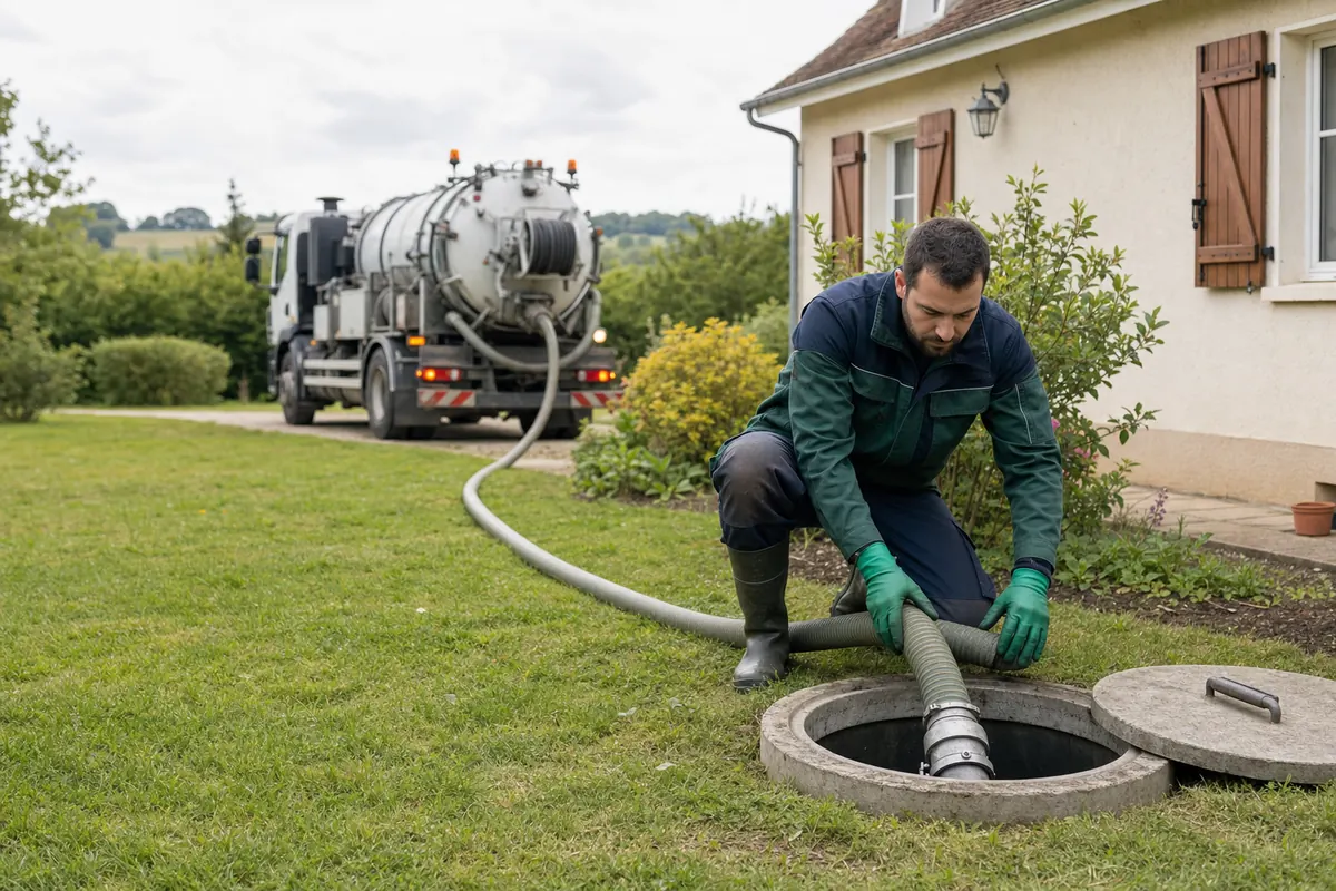 Technicien d'assainissement inspectant une fosse lors d'une vidange, camion hydrocureur en arrière-plan
