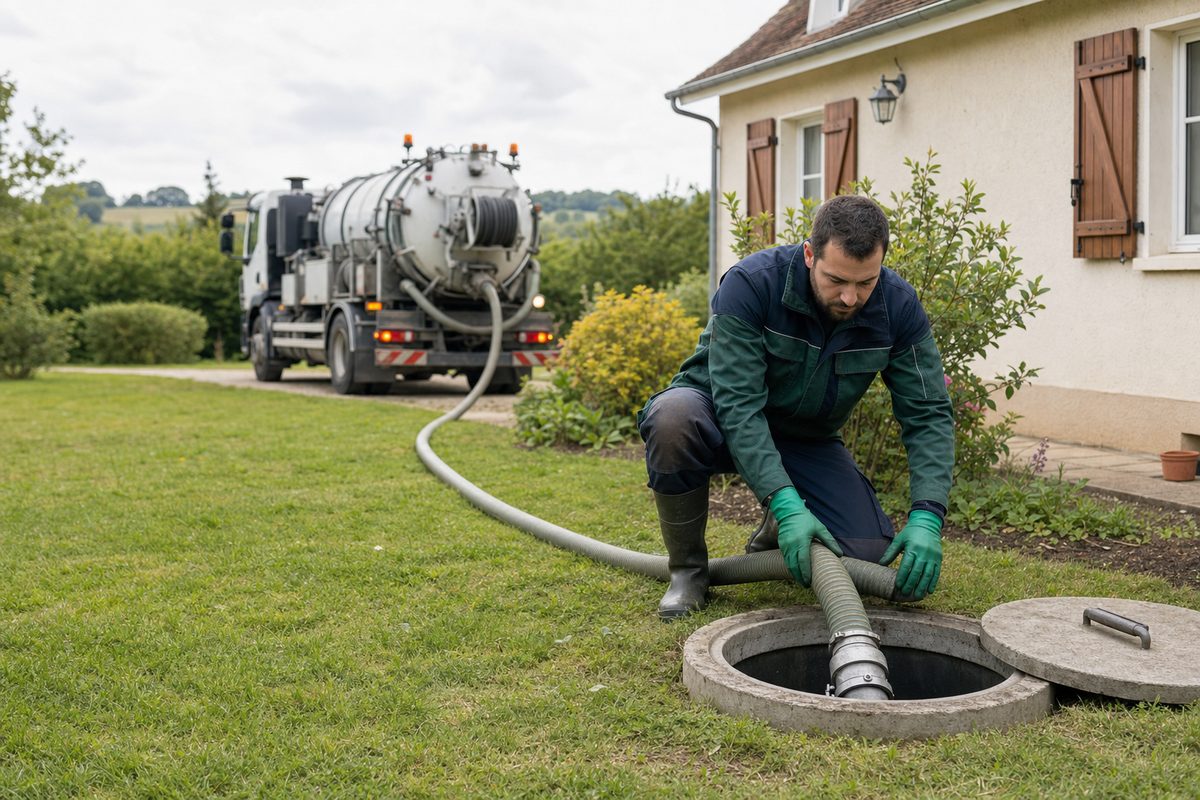 Technicien d'assainissement inspectant une fosse lors d'une vidange, camion hydrocureur en arrière-plan